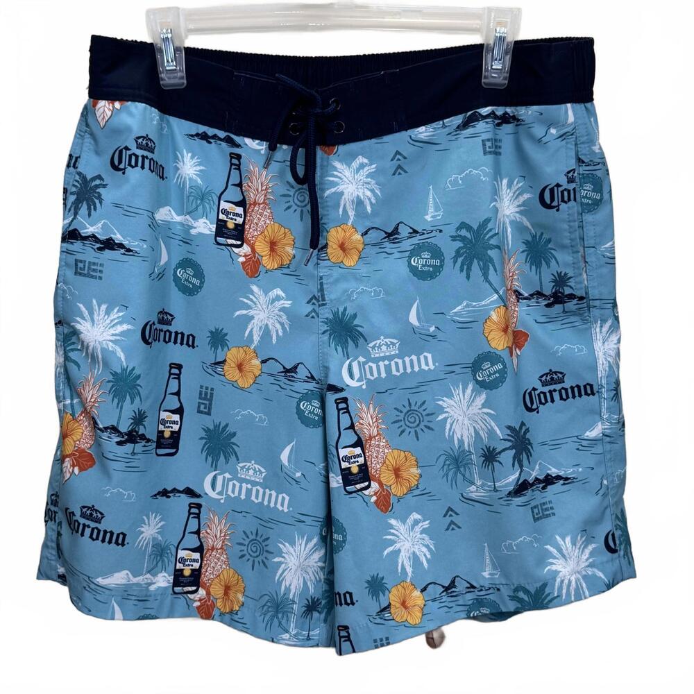 Corona Extra Mens Large Swim Trunks Blue Tropical Beer Board Shorts AOP Beach